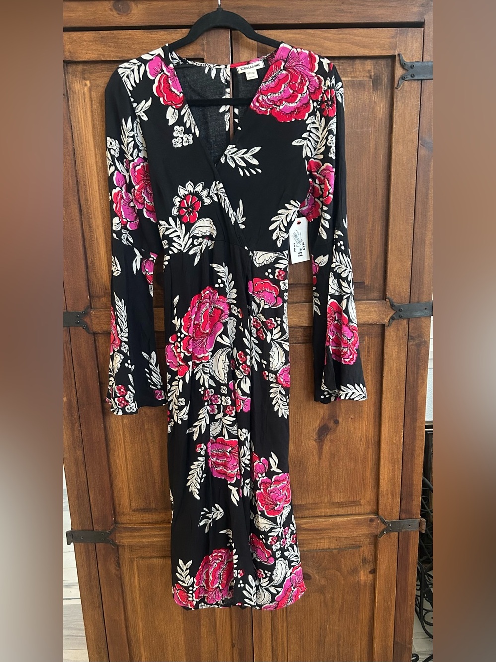 Billabong Black Maxi Dress with Pink and Cream Floral Print